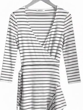 Free People Saylor Cream and Black Striped Mini Wrap Dress